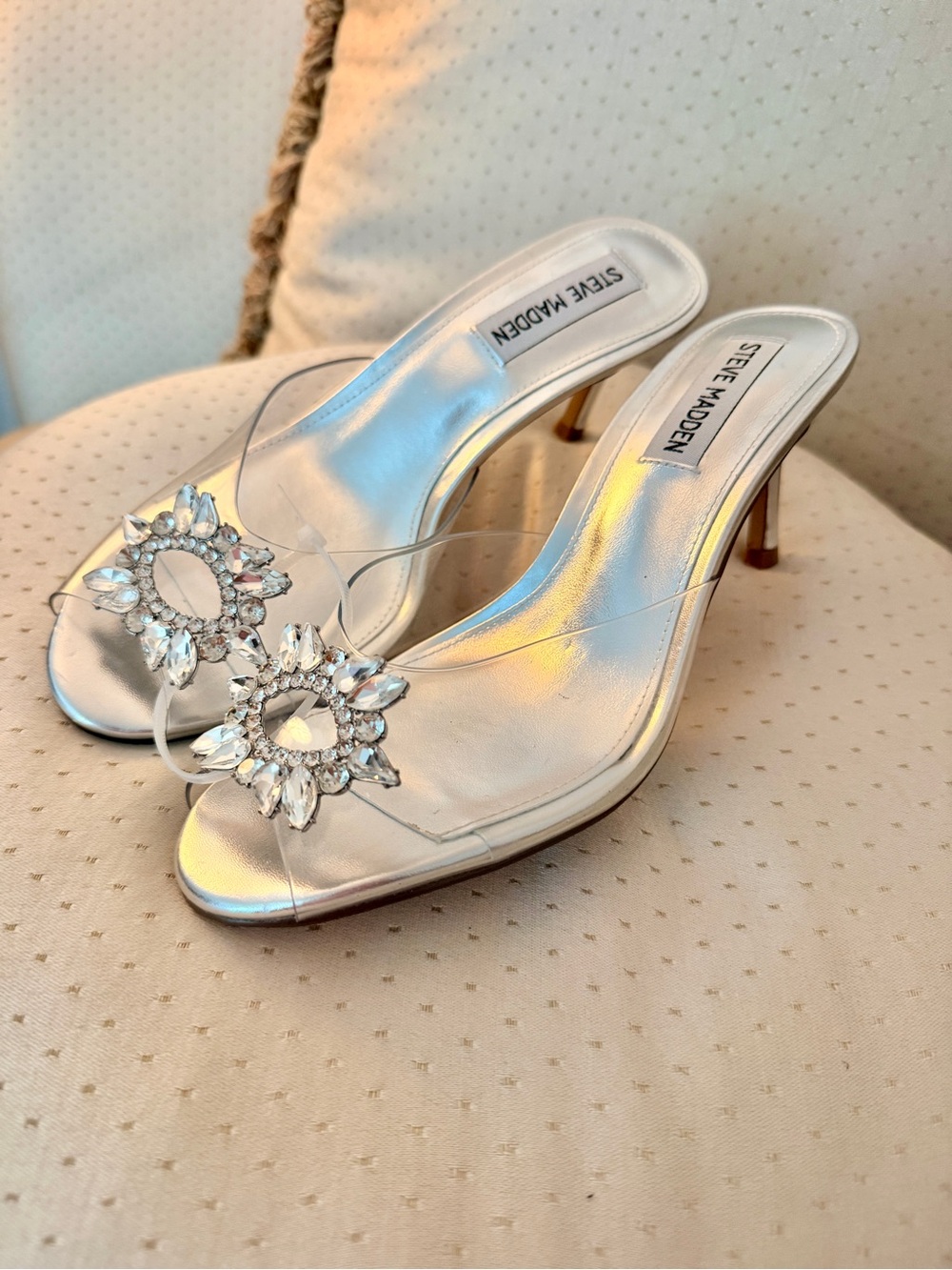 Steve Madden Silver Crystal-Embellished Clear Mule Heels